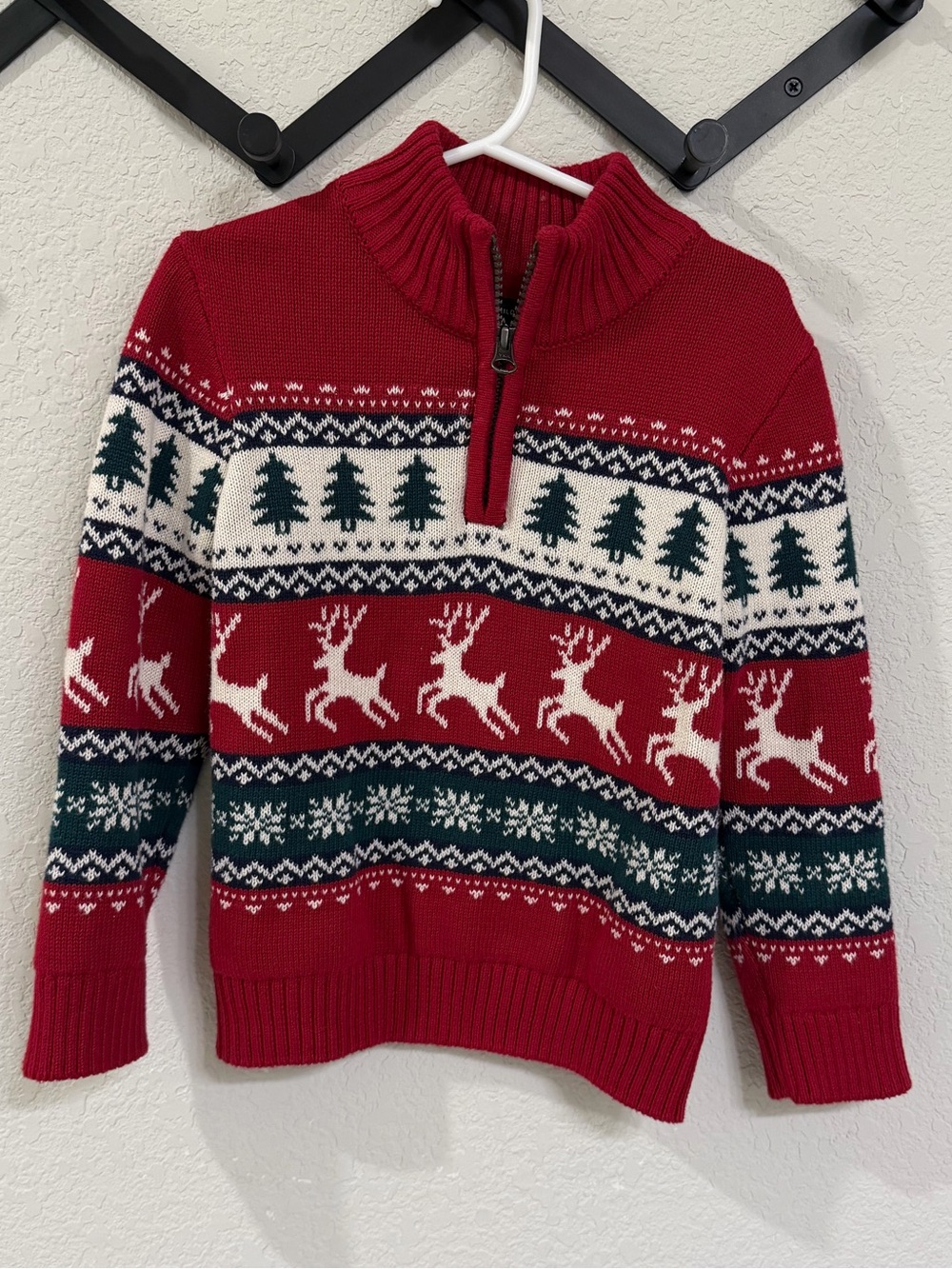 The Children's Place Red Zip-Up Holiday Sweater with White and Green Fair Isle